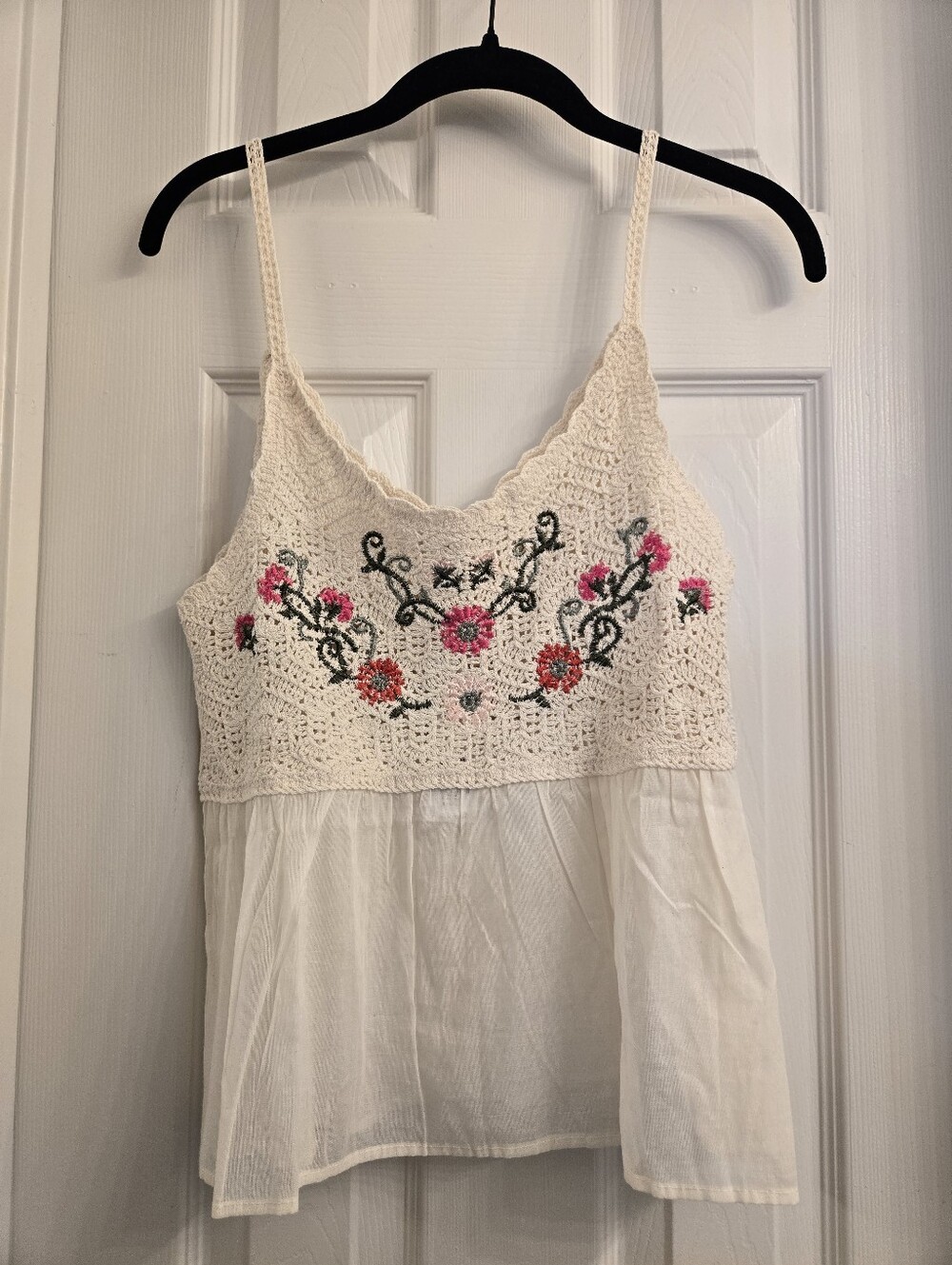Francesca's Collections Cream Crochet Cami with Pink & Green Floral Embroidery